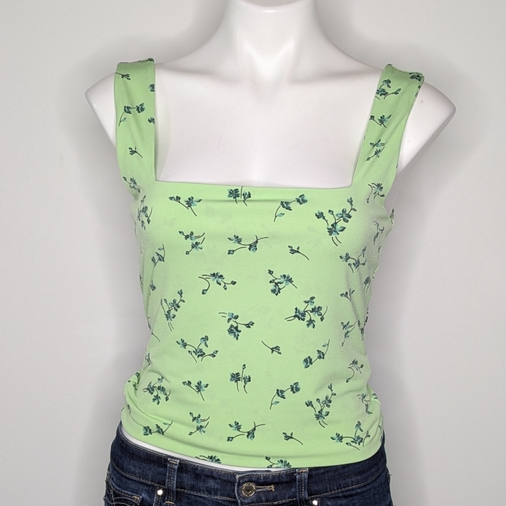 Leith Green Floral Square Neck Tank Top M